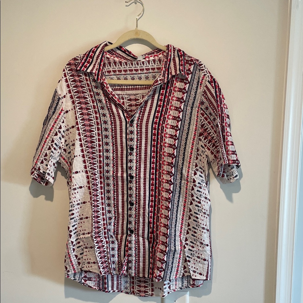 Men's Casual Button Down Shirt - Red and Blue Pattern